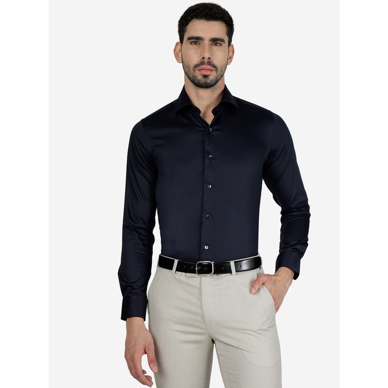 Wyre Men 100% Cotton Solid Navy Blue Slim Fit Full Sleeve Party Wear Shirt (46)