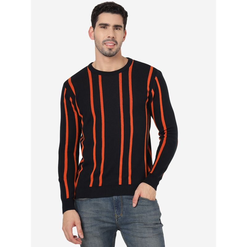 JadeBlue Men 100% Cotton Striped Navy Blue & Orange Slim Fit Full Sleeve T-Shirt (40)