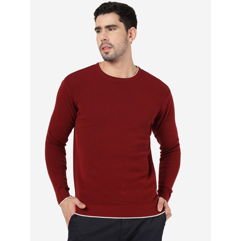 JadeBlue Men 100% Cotton Self-Design Maroon Slim Fit Full Sleeve Winter T-Shirt (42)