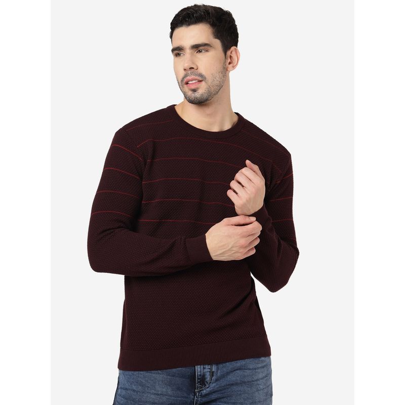 JadeBlue Men 100% Cotton Striped Wine Slim Fit Full Sleeve Winter T-Shirt (44)
