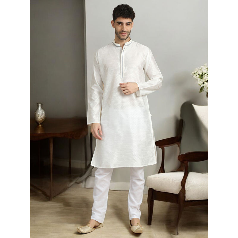 TATTVA Self Design White Mandarin Collar Straight Kurta With Pant (Set of 2) (38)
