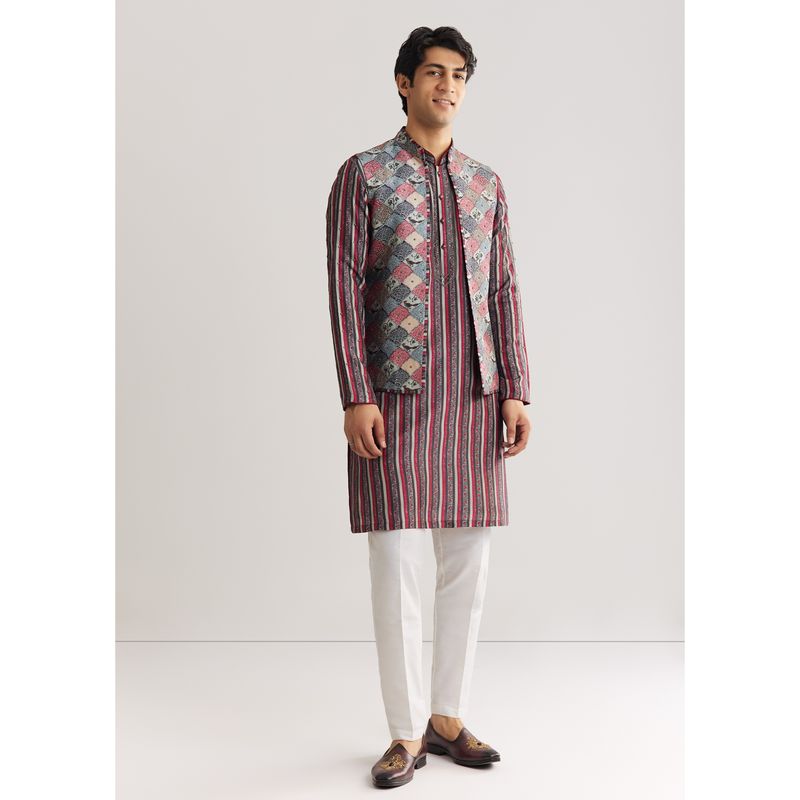 KALKI FASHION Grey Rawsilk Jacket Kurta Set with Cut Dana and Stone (M)