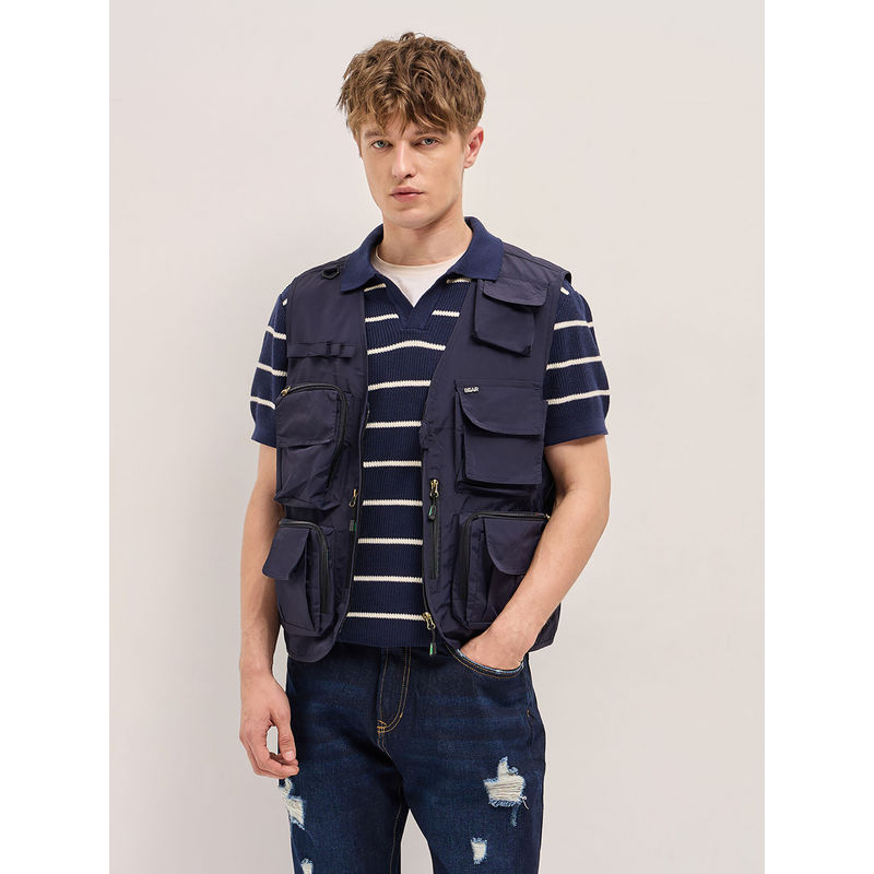 THE BEAR HOUSE Men Navy Blue Regular Fit Nylon Sleeveless Waistcoat (M)