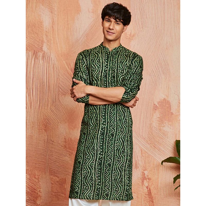 Vastramay Mens Green Rayon Bandhani Printed Kurta (40)