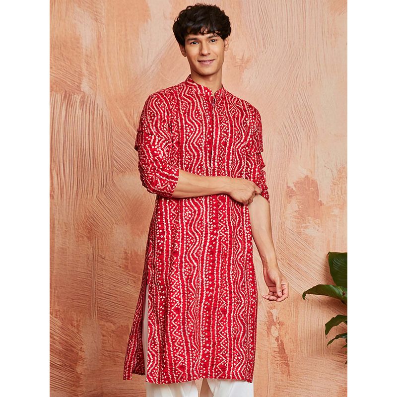 Vastramay Mens Red Rayon Bandhani Printed Kurta (42)