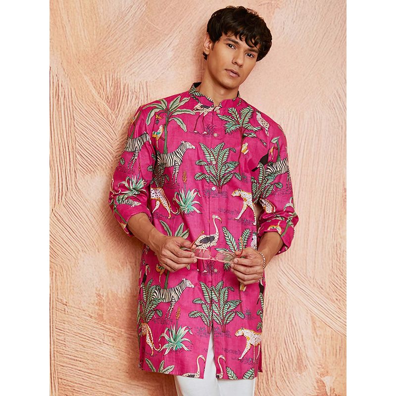 Vastramay Mens Pink Cotton Full Sleeves Printed Kurta (36)