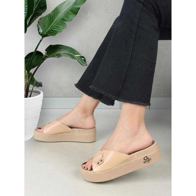 Carlton London Womens Beige Color Slip-On Buckle Comfortable Sandals (EURO 38)