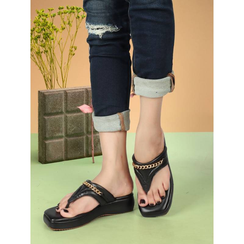 Iconics Womens Black Color Slip-On Golden Chained Comfortable Sandals (EURO 38)
