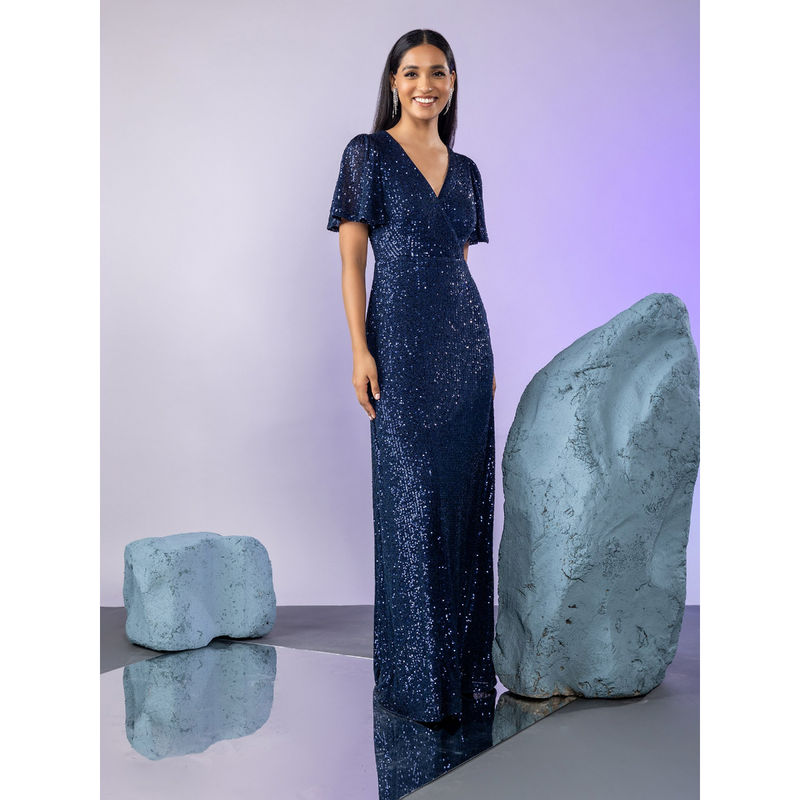 Twenty Dresses by Nykaa Fashion Navy Blue Sequin Overlap Sheath Maxi Dress (S)