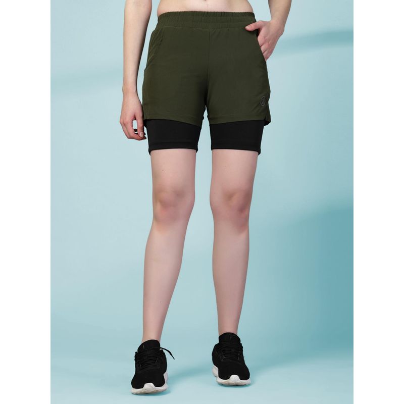 CHKOKKO Double Layered Sports Gym Workout Running Olive Shorts for Women (S)