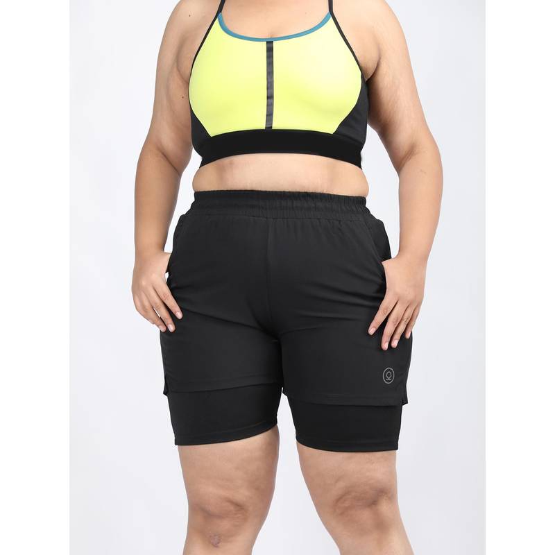 CHKOKKO Plus Size Double Layered Sports Gym Workout Running Black Shorts for Women (S)