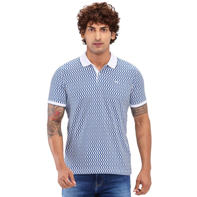 Park Avenue Slim Fit Geometric Printed Blue Polo T-Shirt (S)