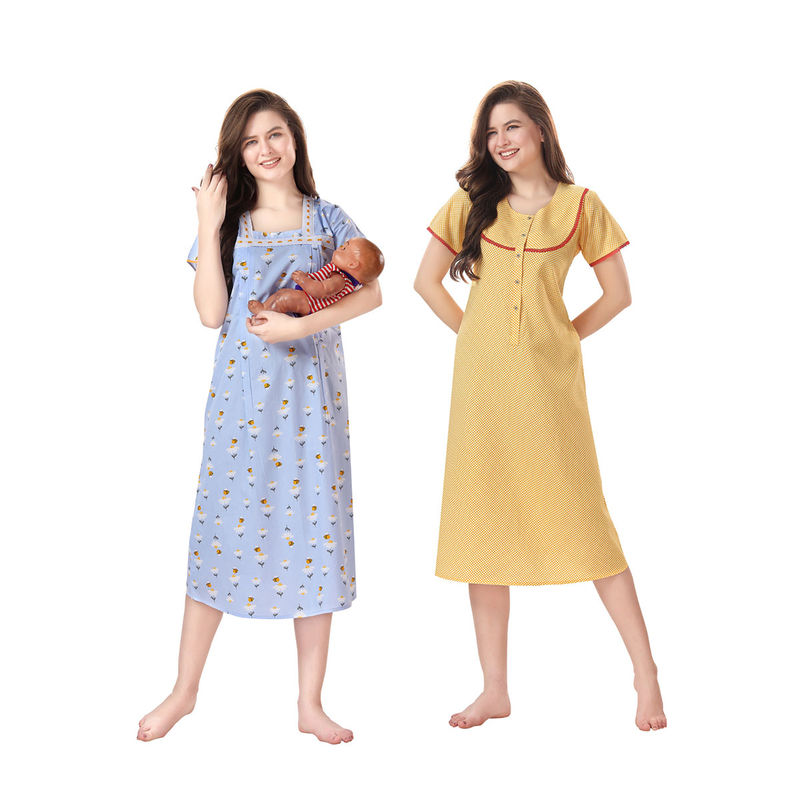 PIU Womens Premium Maternity Nighty- Blue Yellow (Pack of 2) (XL)