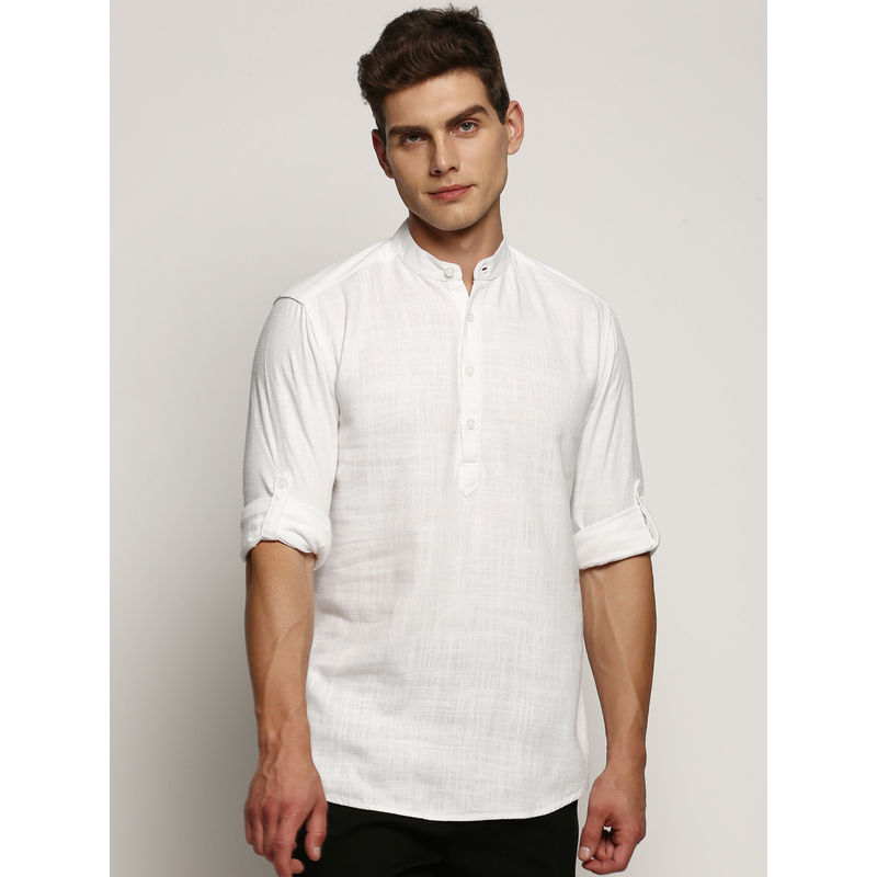 SHOWOFF Mens Long Sleeves Mandarin Collar White Solid Short Kurta (3XL)