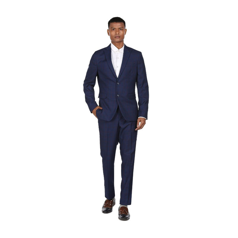 Arrow Men Navy Tailored Regular Fit Check Formal Two Piece Suit
