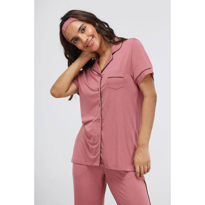 NeceSera Deco Rose Modal Button Down Piping Half Sleeve Lounge Top - Pink (M)