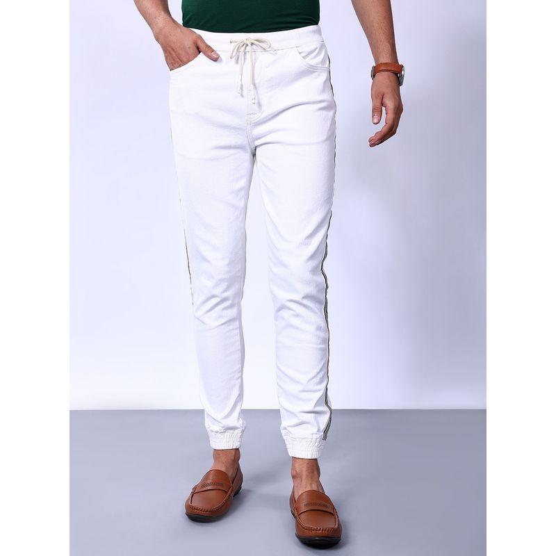 The Indian Garage Co White Men's Slim Fit Solid Mid-Rise Stretchable Denim Joggers (38)