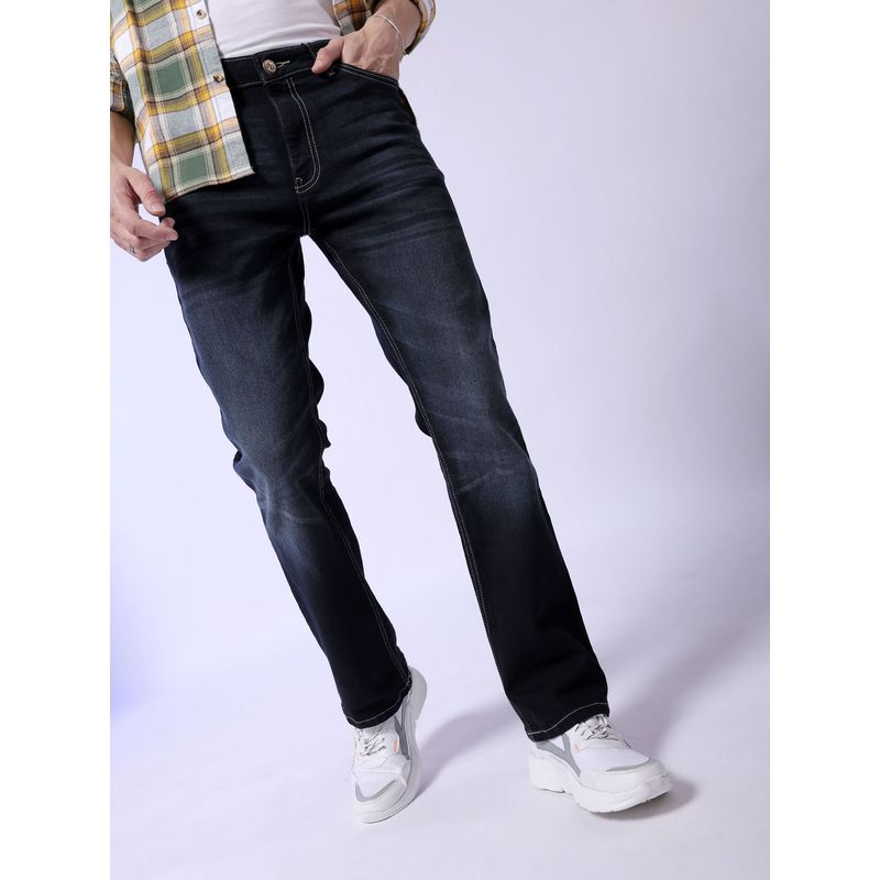The Indian Garage Co Navy Blue Men's Bootcut Solid Mid-Rise Stretchable Jeans (32)