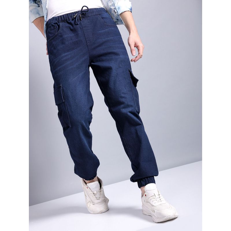 The Indian Garage Co Men's Regular Fit Solid Mid-Rise Stretchable Denim Cargo Joggers (30)