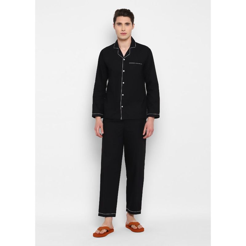 Shopbloom Black Poplin Men Night Suit (Set of 2) (L)