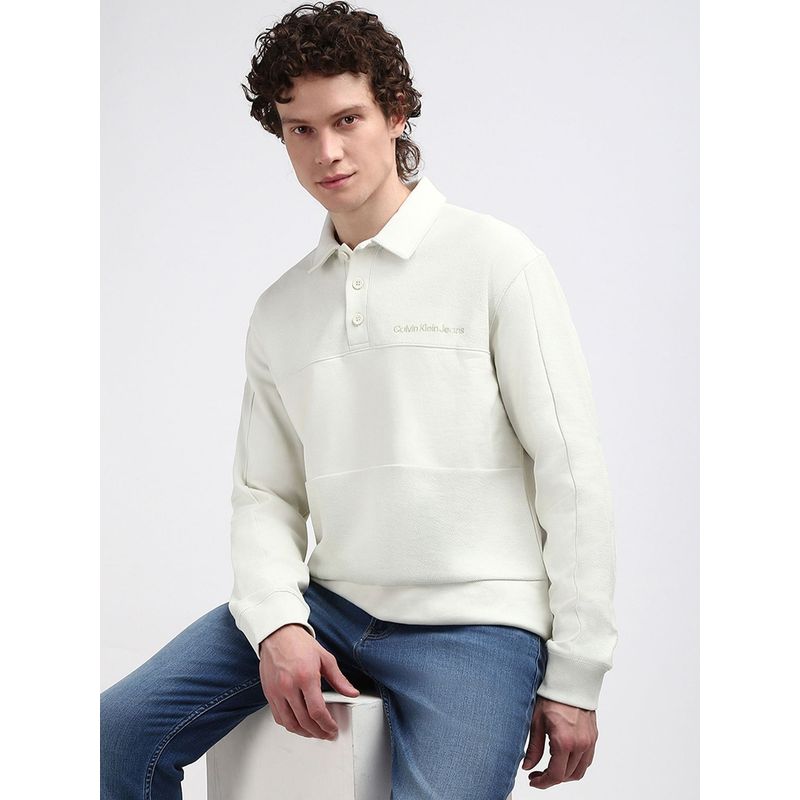 Calvin Klein Off White Textured Relaxed Fit Cotton Sweatshirt (S)