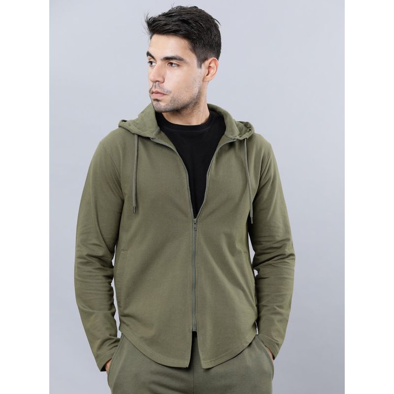 HIGHLANDER Mens Olive Green Solid Hooded Jacket (M)