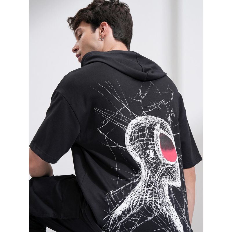 HIGHLANDER Mens Black Oversized Drop Shoulder Half Sleeve Hoodie (L)