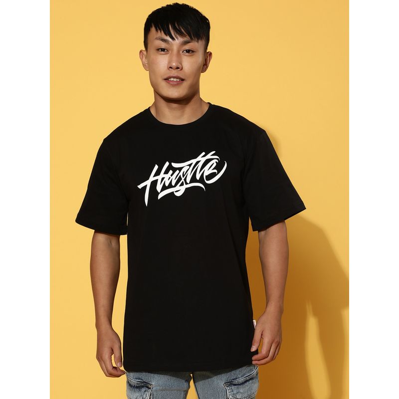 VEIRDO Men Graphic Print Oversize Black Round Neck Pure Cotton T-Shirt (S)