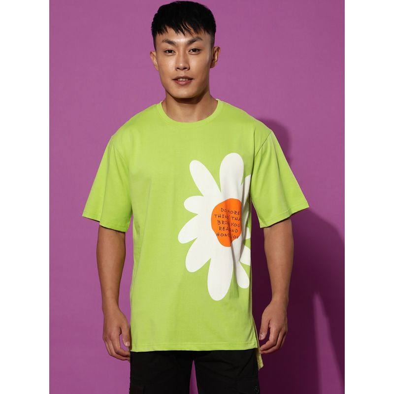 VEIRDO Men Graphic Print Green Round Neck Oversize Pure Cotton T-Shirt (S)
