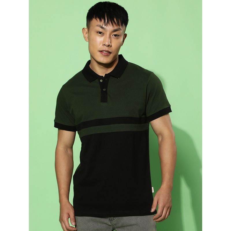VEIRDO Men Striped Polo Neck Pure Cotton Olive T-Shirt (3XL)