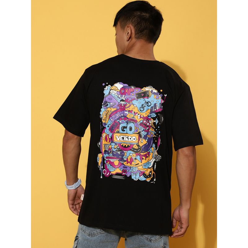 VEIRDO Men Printed, Graphic Print Oversize Round Neck Pure Cotton Black T-Shirt (S)