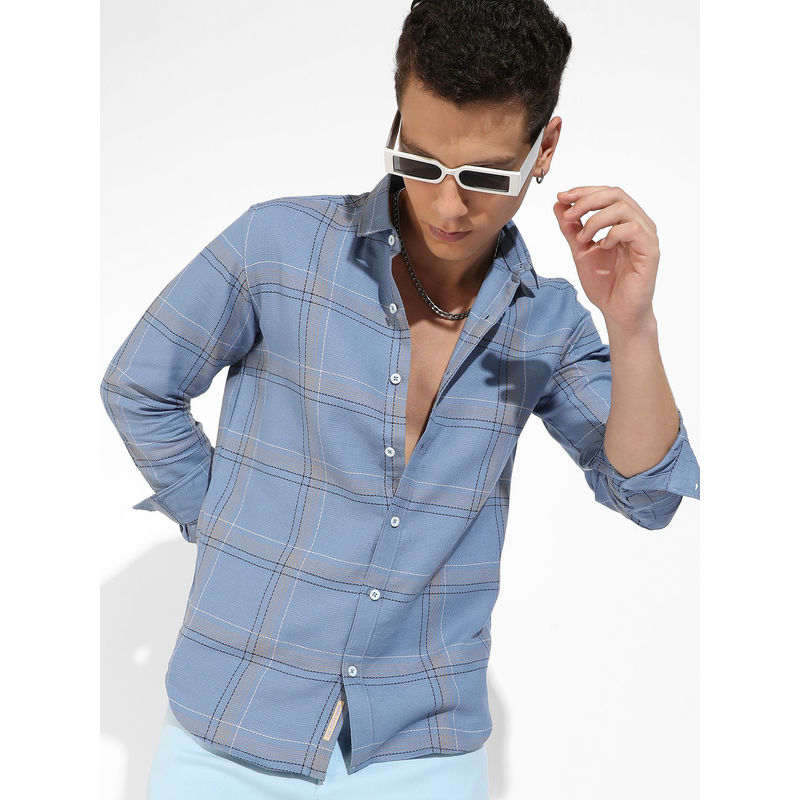 Campus Sutra Mens Icy Blue Tartan Plaid Shirt (XL)