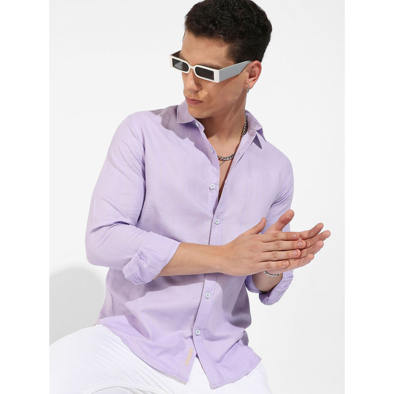 Campus Sutra Mens Lavender Self-Design Striped Shirt (S)