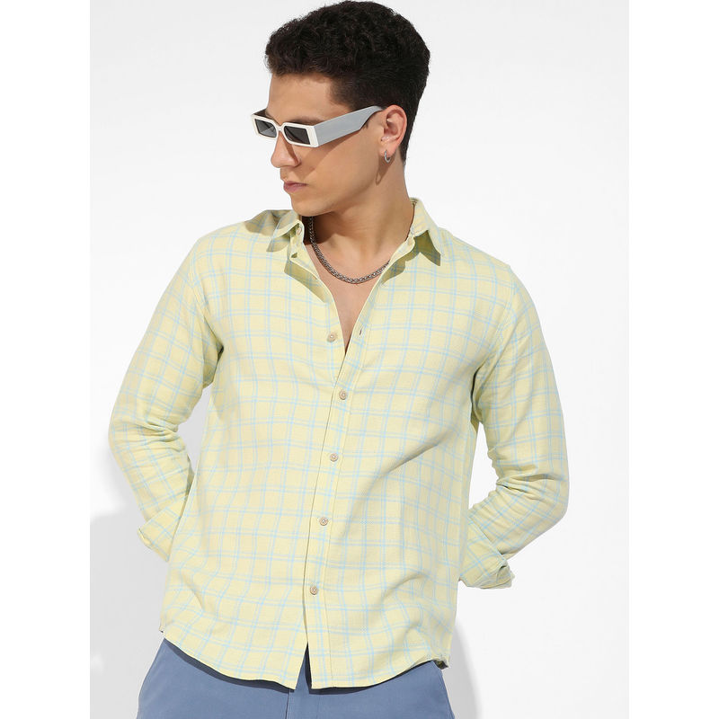 Campus Sutra Mens Lemon Yellow Tartan Plaid Shirt (L)