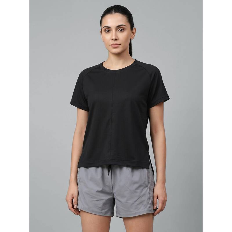 Fitkin Women’S Black Gym Active T-Shirt with Side Slit (M)
