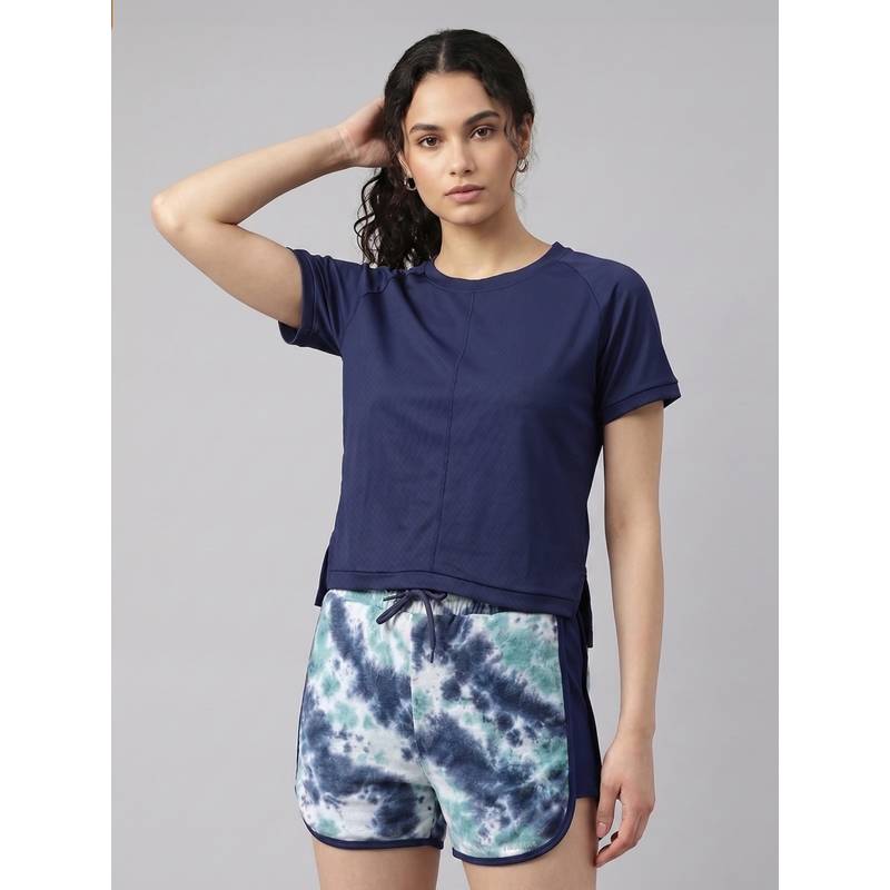 Fitkin Women’S Navy Blue Gym Active T-Shirt with Side Slit (M)