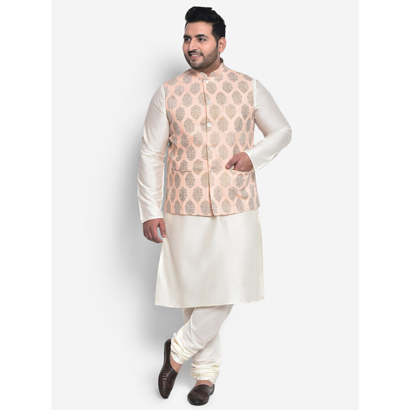 KISAH PLUS Cotton Blend Peach Kurta Jacket (Set of 3)