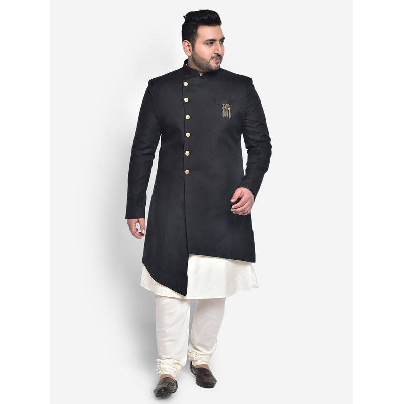 KISAH PLUS Silk Blend Black Kurta Sherwani (Set of 3)