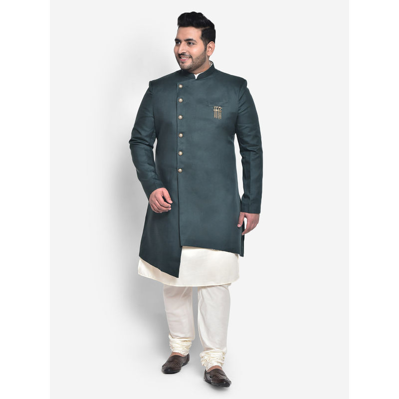 KISAH PLUS Silk Blend Green Kurta Sherwani (Set of 3)