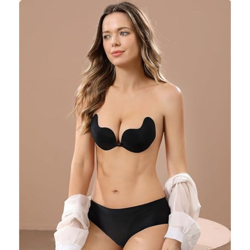 BRACHY Black Strapless Adhesive Invisible Push Up Sticky Bra (XS)