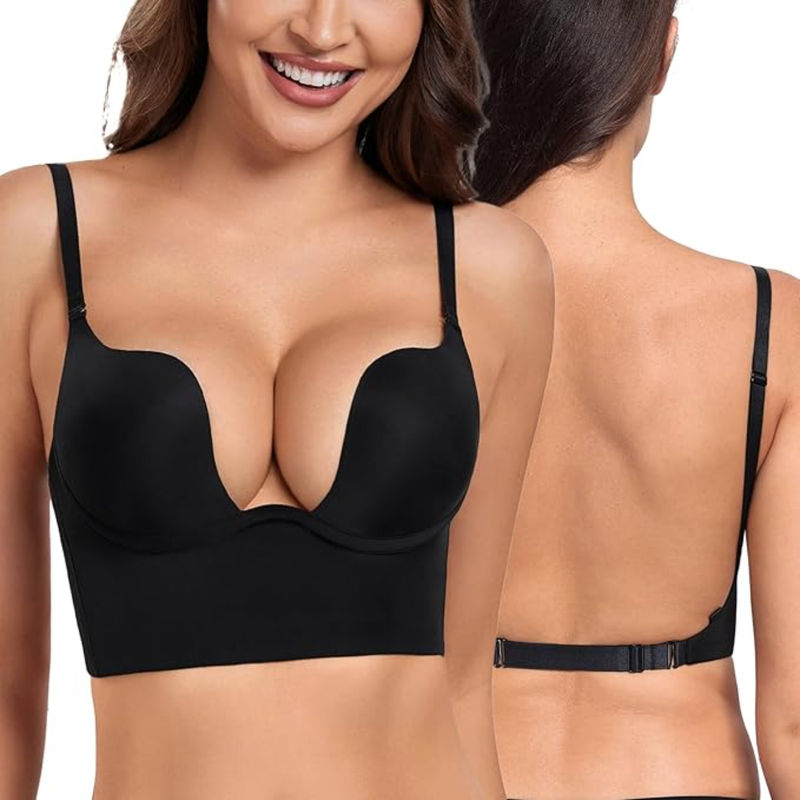 BRACHY Womens Black Low Back Wire Lifting Deep U Plunge Bra (34C)