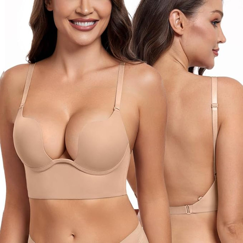 BRACHY Womens Beige Low Back Wire Lifting Deep U Plunge Bra (32B)