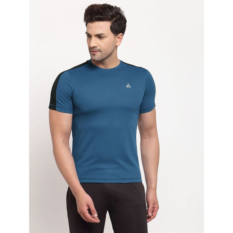 Athlisis Men Blue Black Shoulder Panelled Round Neck Training T-shirt (XL)