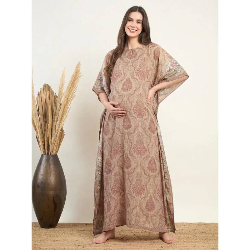 The Kaftan Company Beige Damask Print Modal Maternity Kaftan (S)