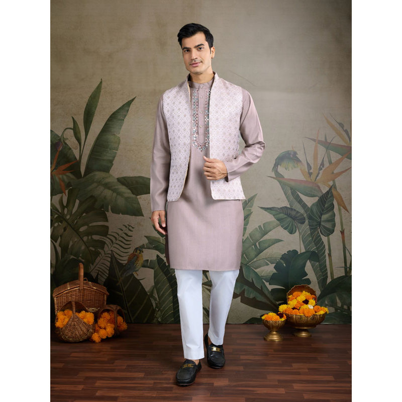 Odette Levender Silk Blend Embellished Kurta with Jacket for Men (Set of 2) (L)