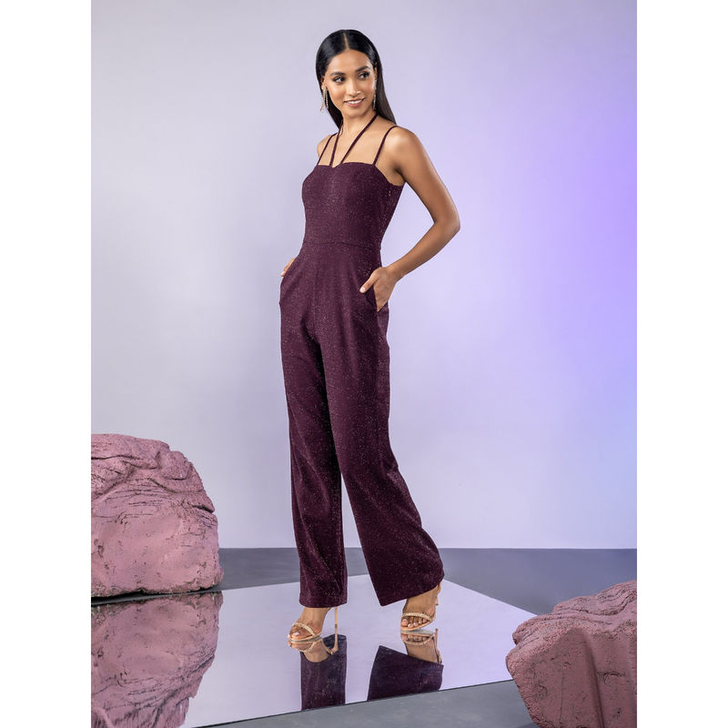 Twenty Dresses by Nykaa Fashion Wine Sweetheart Neck Strappy Shimmer Jumpsuit (XS)