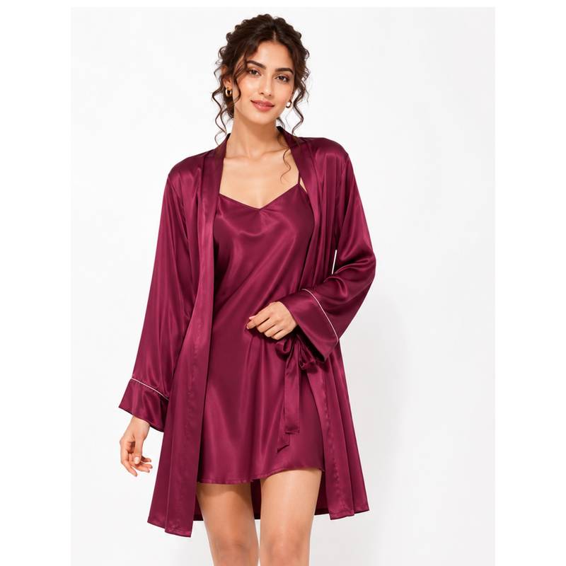 Noite Luxe Claret Satin Nightdress And Robe (XS)
