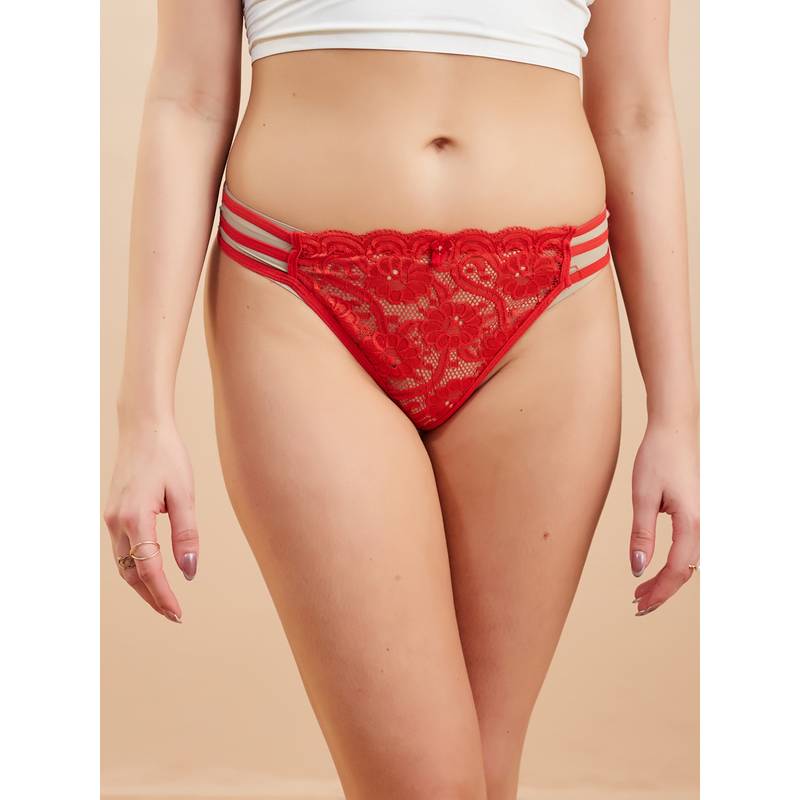 Secrets By ZeroKaata Women's Red Self Design Lace Thong (M)