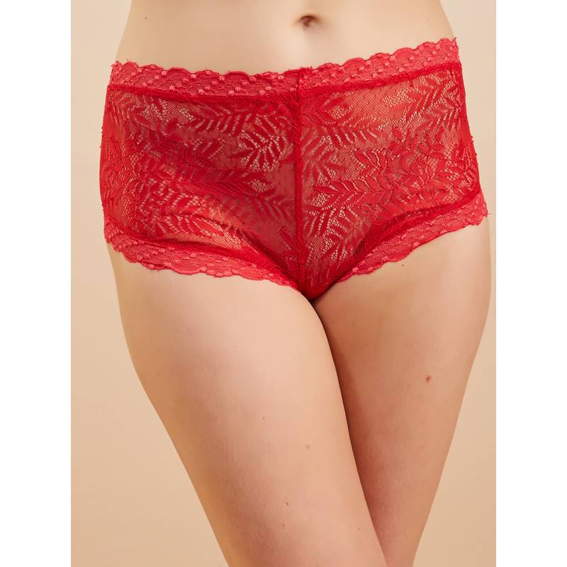 Secrets By ZeroKaata Women's Red Self Design Lace Boy Shorts (S)