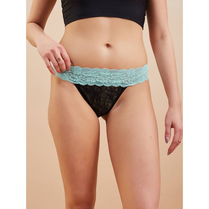 Secrets By ZeroKaata Women's Turquoise Self Design Lace Mini Thong (S)